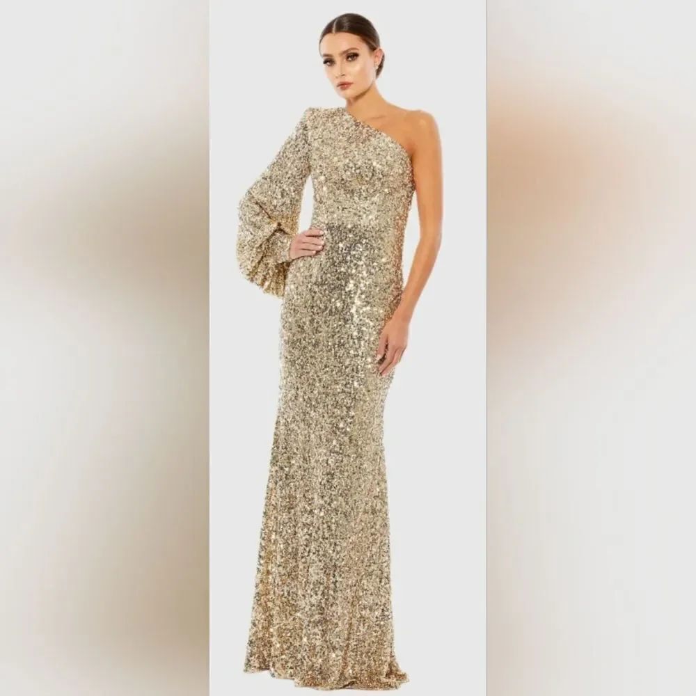 Mac Duggal 26717 Gold Sequined One Shoulder Bishop Sleeve Trumpet Gown NWT Sz 2